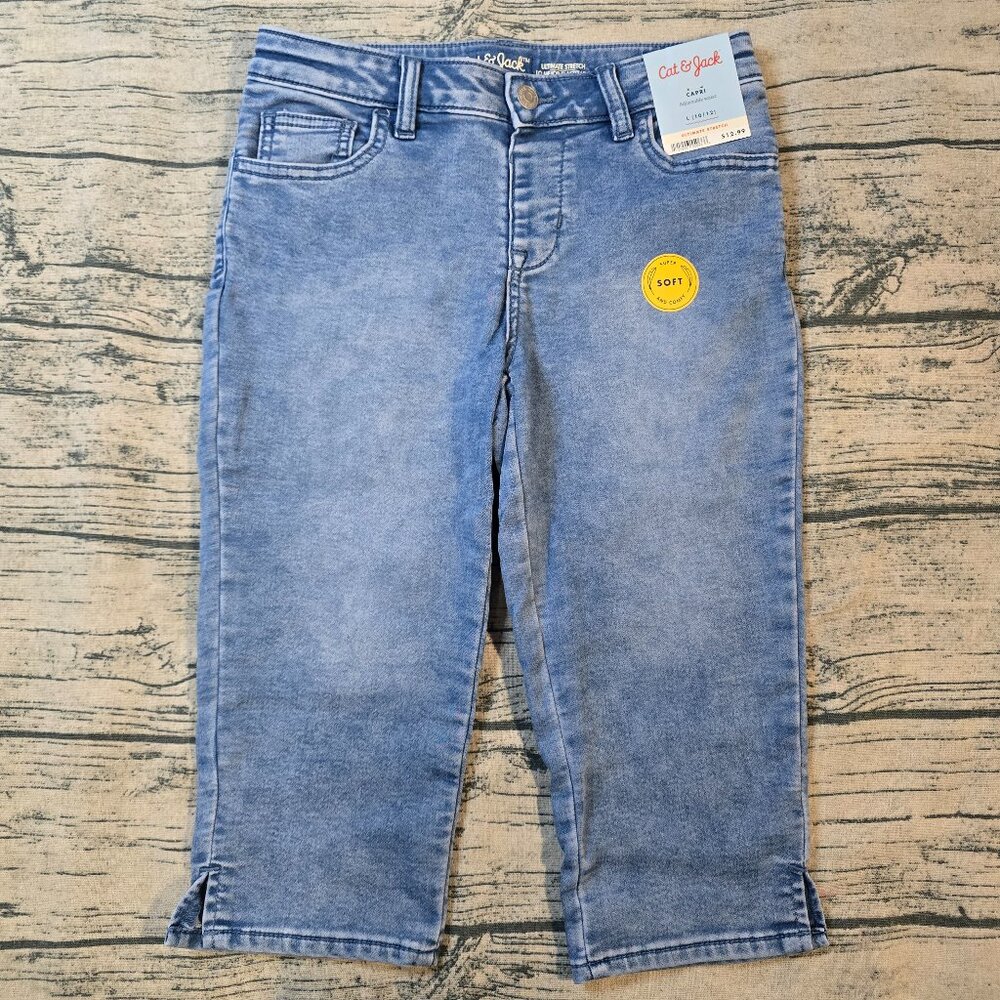 NWT Girls Soft Jeggings Capris Cat & Jack Medium Wash Adjustable Waist Size L